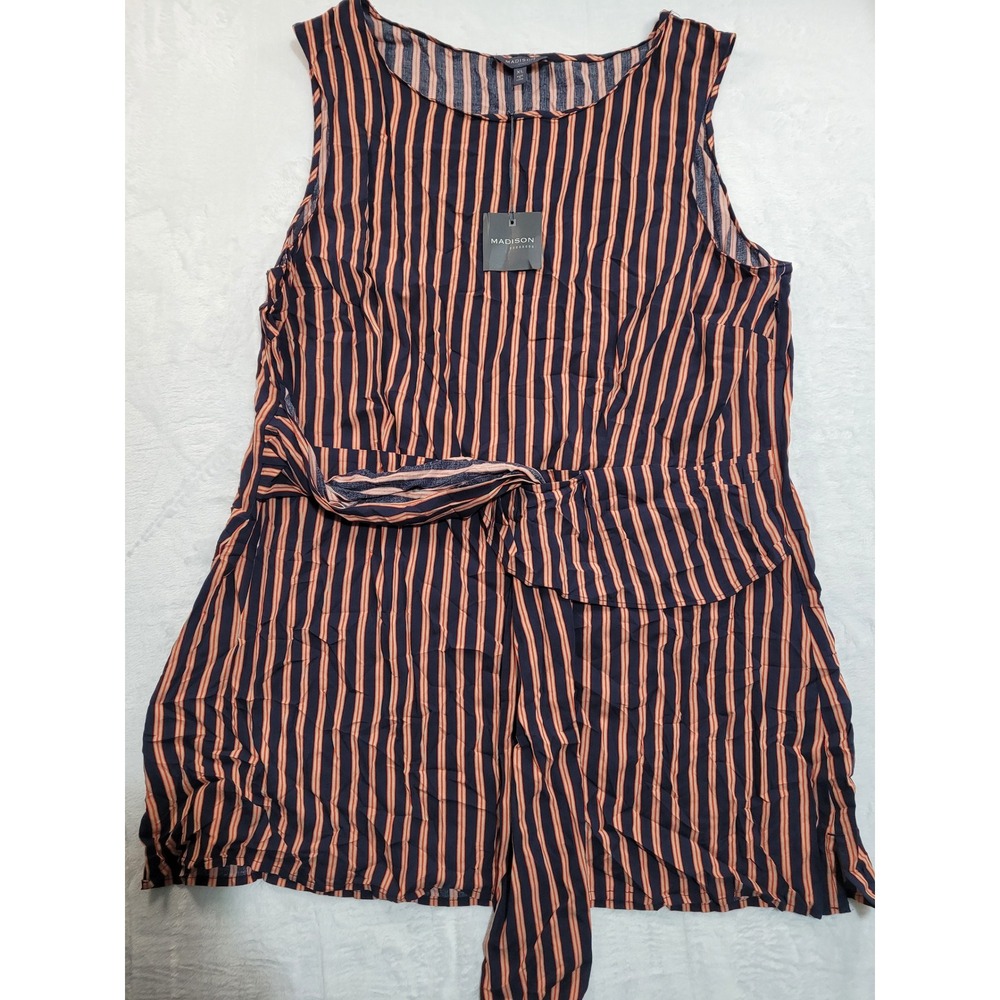 NWT Madison Sleeveless Top Womens XL Navy Orange Striped Tie Waist Maritime